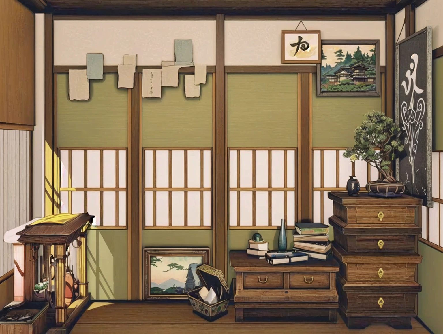 There is a room,There are a lot of furniture and a window inside, Personal room background, Inspired by Yoshida Toshi, room of the nameless painter, Japanese Houses, Studio Ghibli bedroom, Inspired by Watanabe Shotasu, Anime Background Art, Studio Ghibli Aesthetics, Japanese influence, Warm home background, Detailed scenery —width 672