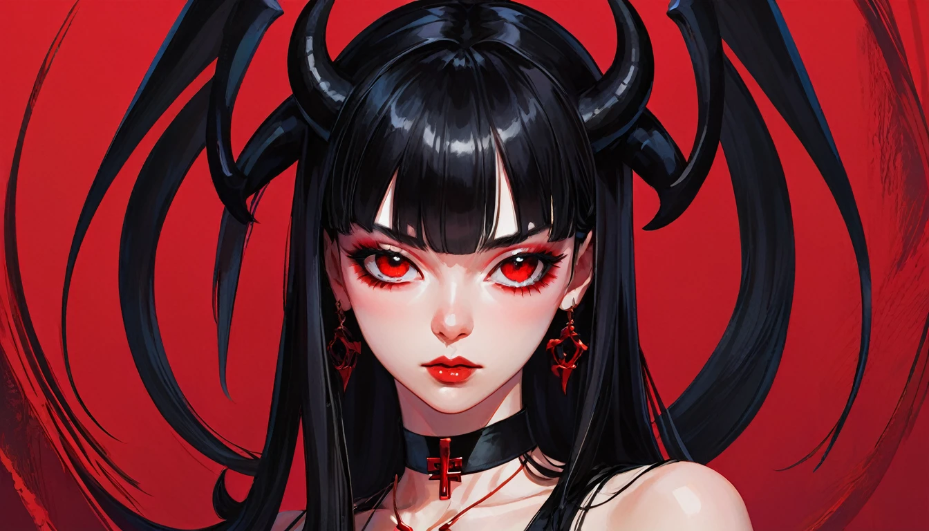 Stylized portrait of a woman with demonic appearance against a vibrant red background. She has long, straight black hair, straight bangs, and curved horns protruding from her head. Her eyes are red and her skin is pale. She wears a black outfit that exposes her shoulders. There's an inverted cross earring on her pointed ear. Her expression is serious and seductive, with full, parted lips. The artistic style is a blend of anime and realistic digital art, with contrasting black and red colors dominating the composition.