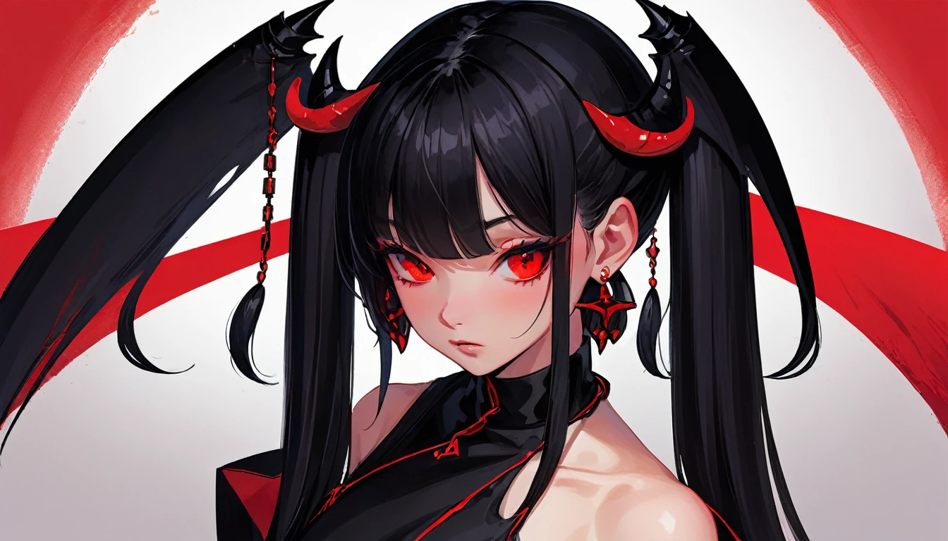 Stylized portrait of a woman with demonic appearance against a vibrant red background. She has long, straight black hair, straight bangs, and curved horns protruding from her head. Her eyes are red and her skin is pale. She wears a black outfit that exposes her shoulders. There's an inverted cross earring on her pointed ear. Her expression is serious and seductive, with full, parted lips. The artistic style is a blend of anime and realistic digital art, with contrasting black and red colors ting the composition.