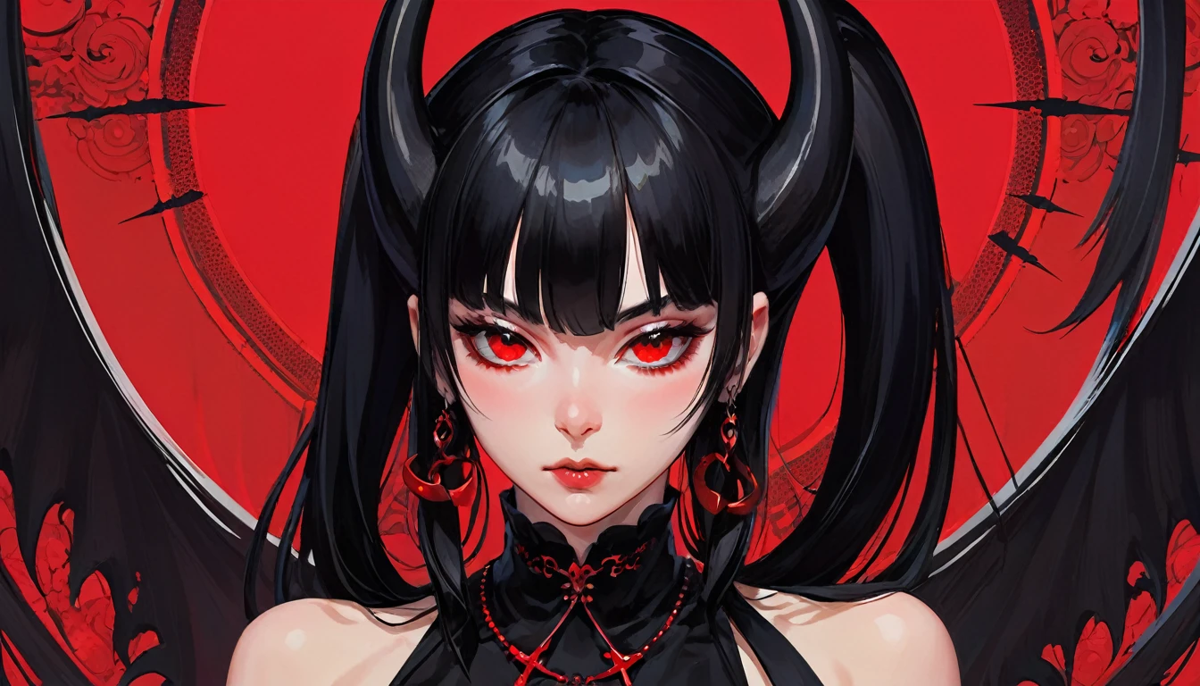 Stylized portrait of a woman with demonic appearance against a vibrant red background. She has long, straight black hair, straight bangs, and curved horns protruding from her head. Her eyes are red and her skin is pale. She wears a black outfit that exposes her shoulders. There's an inverted cross earring on her pointed ear. Her expression is serious and seductive, with full, parted lips. The artistic style is a blend of anime and realistic digital art, with contrasting black and red colors dominating the composition.