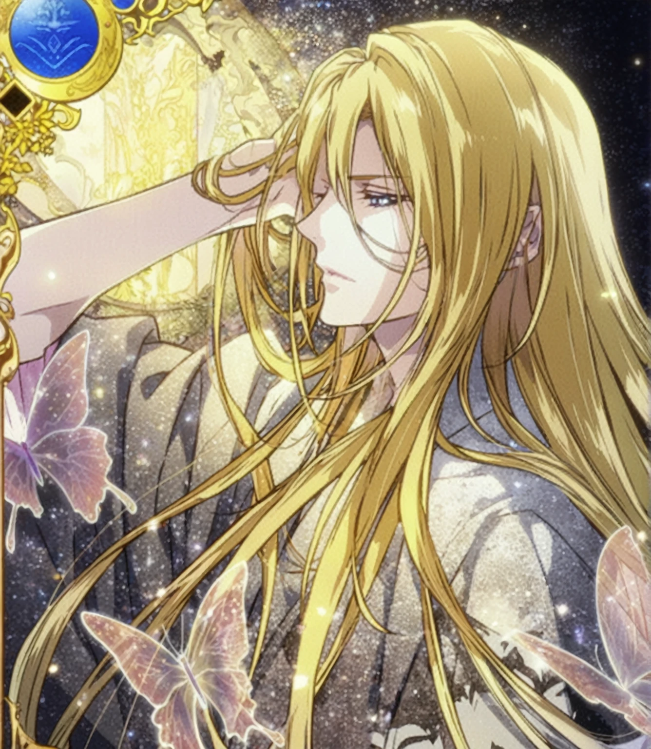 Close-up of a long-haired person and butterflies, Portrait of the Magical Blonde Prince, ((Beautiful Fantasy Empress)), Beautiful androgynous prince, A delicate androgynous prince, anime key visual of elegant, Long, flowing, gorgeous blonde hair, Anime Art Nouveau Space Display, Detailed Key Anime Art, Shadowverse Style, Flowing hair and long robes