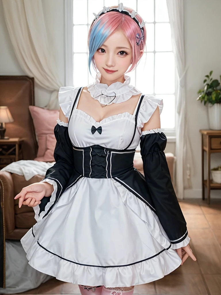 Accurate depiction with high resolution,(8K, Photorealistic, Raw photo, of the highest quality: 1.3), (1girl in), Super beautiful, (Realistic face), (boyish, pink Color Berry Shorthair), Beautiful , Glare that captivates the viewer, Beautiful expression, Beautiful breasts, (Realistic skin), Be...Create a detailed and colorful image of Ram and Rem from Re:Zero, standing back-to-back in their maid outfits, with a magical fantasy background、14years old, two girls,cute, perfect face, beautiful, nice body, gothic lolita clothes, gothic lolita fashion, frilly skirt, headdress, necklace, bracelet, knee-high socks, boots, double eyelids, tear bags, Detailed down to the fingers, photo-like description, indoors, dim indoor lighting, one girl is pink hair and short bob, another girl is light blue hair and short bob,standing,whole body, composition that shows the whole body, smiling,The Both of them are wearing the same type of maid outfit,Optimal ratio of 4 fingers and 1 thumb,walking