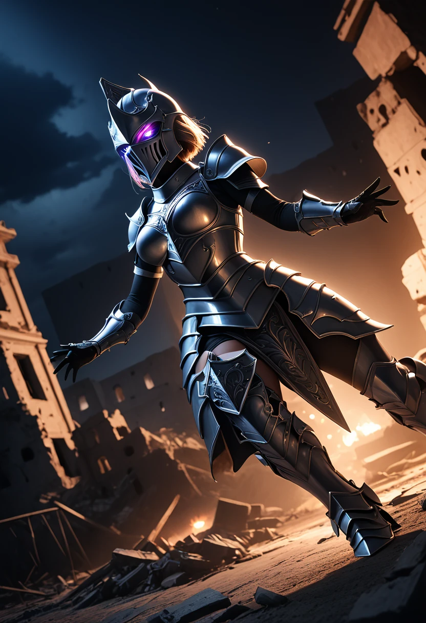 (masterpiece, top quality, best quality, beautiful and aesthetic:1.2), full body, SFW, extremely detailed, detailed eyes, detailed hands, cinematic light, depth of field, 1girl, seducing smile, solo, official, (full armored knight:1.4), dark armor, full-faced helmet that hides the face, mash kyrielight, slim body, cinematic lighting, dramatic lighting, dramatic atmosphere, hyper-realistic, high resolution, stunning contrast, high quality, best quality, 8k, 4k, intricately detailed, (amazing details:1.2), highly detailed skin, powerful presence, vibrant colors, (detailed eyes:1.2), striking eyes, (detailed background), (warzone on background, night, ruins), (dynamic angle:1.2), (dynamic pose:1.2)