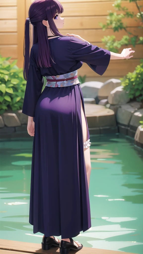BREAK looking at viewer, BREAK (masterpiece:1.2), best quality, high resolution, unity 8k wallpaper, (illustration:0.8), (beautiful detailed eyes:1.6), extremely detailed face, perfect lighting, extremely detailed CG, (perfect hands, perfect anatomy)fern, long hair, bangs, (purple eyes:1.1), purple hair, sidelocks, blunt bangs, (bright pupils:1.5),onsen,hot springs, night, half updo,
long sleeves,Japanese clothes,yukata, sash, cleavege,neckline,full body,stockings,from behind,back view,upskirt,bend over.