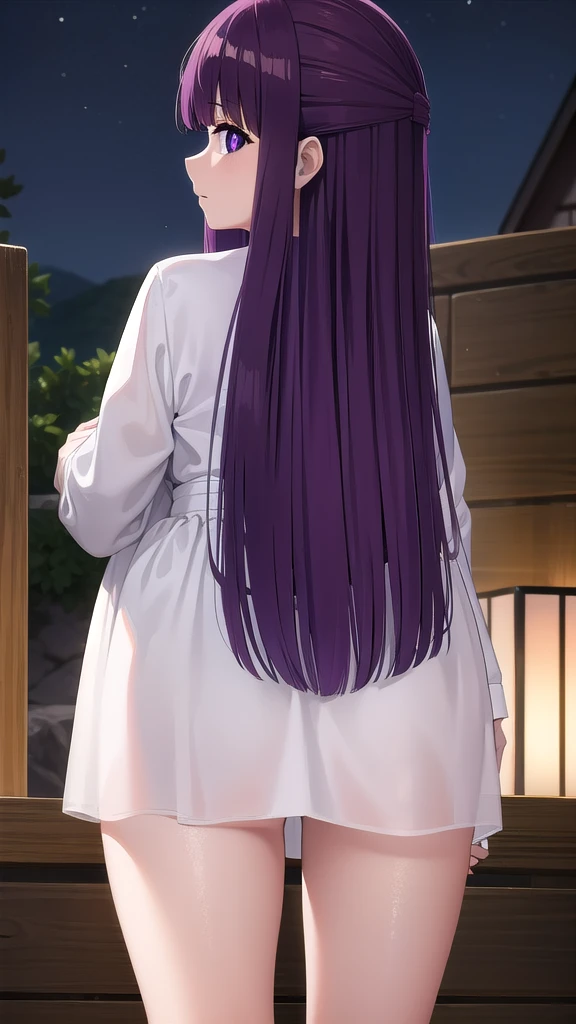 BREAK looking at viewer, BREAK (masterpiece:1.2), best quality, high resolution, unity 8k wallpaper, (illustration:0.8), (beautiful detailed eyes:1.6), extremely detailed face, perfect lighting, extremely detailed CG, (perfect hands, perfect anatomy)fern, long hair, bangs, (purple eyes:1.1), purple hair, sidelocks, blunt bangs, (bright pupils:1.5),onsen,hot springs, night, half updo,
long sleeves,Japanese clothes,yukata, sash, cleavege,neckline,full body,stockings,from behind,back view,upskirt,bend over.