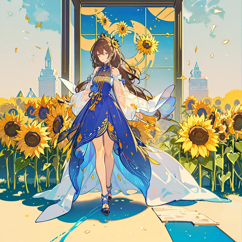 kawaii, anime, Cute, hyper quality, highly detailed, 16k, Front facing, Clarity, full body, one girl, stain the whole thing with colorful ink, long silver hair, lapis lazuli eyes, paint color, countless sunflowers, surrounded by sunflowers, Trapped inside a Van Gogh painting, ephemeral, paint, paint, brush, live inside the canvas, art supplies, oil, wonder, mysterious, rainbow colored sunflowers, Richly colored, Brightly colored sunflowers, highlight on eyes, long hair, splattered ink, scribble, countless handwritings, color palette, dark brown hair, long hair flowing, Draw eyes clearly, art, taken in by sunflowers, 	