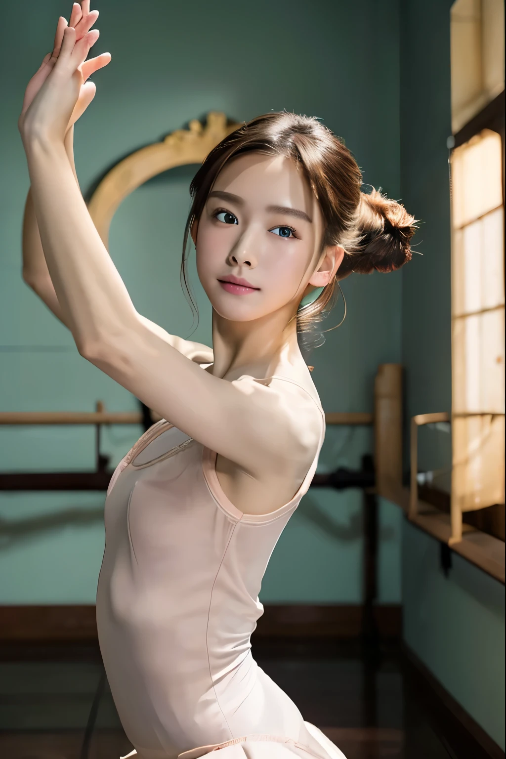 (Highest quality:1.4), (Very detailed), (Very detailed美しい顔), (Realistic Skin:1.4), (Girl practicing ballet:1.8), (The light of the setting sun shines through the window), , Great face, Symmetrical eyes, iris, Sideways Evening Updo, Japanese Girl, (Skinny body type:1.2), (Flat Chest:1.2), (Ballet practice clothes:1.2), (avert your eyes:1.3), Smooth, Very detailed CG 統合 8k 壁紙, High-resolution RAW color photos, Professional photography, Light, ホワイトLight, dream-like, impressive, Written boundary depth, Ballet Classes, (Photographed from the front:1.5)