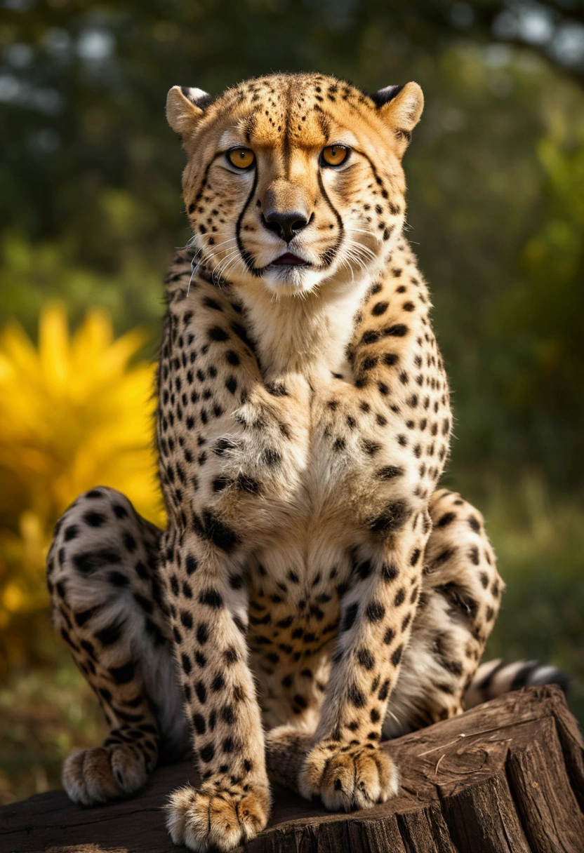 (best quality,4k,8k,highres,masterpiece:1.2),ultra-detailed,(realistic,photorealistic,photo-realistic:1.37),HDR,UHD,studio lighting,ultra-fine painting,sharp focus,physically-based rendering,extreme detail description,professional,vivid colors,bokeh,anthropomorphic cheetah,female,threatening presence,fat body,sitting on a stump,wearing black dress,silver eyes,a lot of golden yellow body fur, portrait,natural colors,dramatic lighting, Female cheetah, fat, fat belly, fat thighs, fat arms, lovehandles, big breasts, silver eyes, golden yellow fur, black cheetah markings, black dress, silver earrings, silver bracelets, silver rings, silver necklaces,