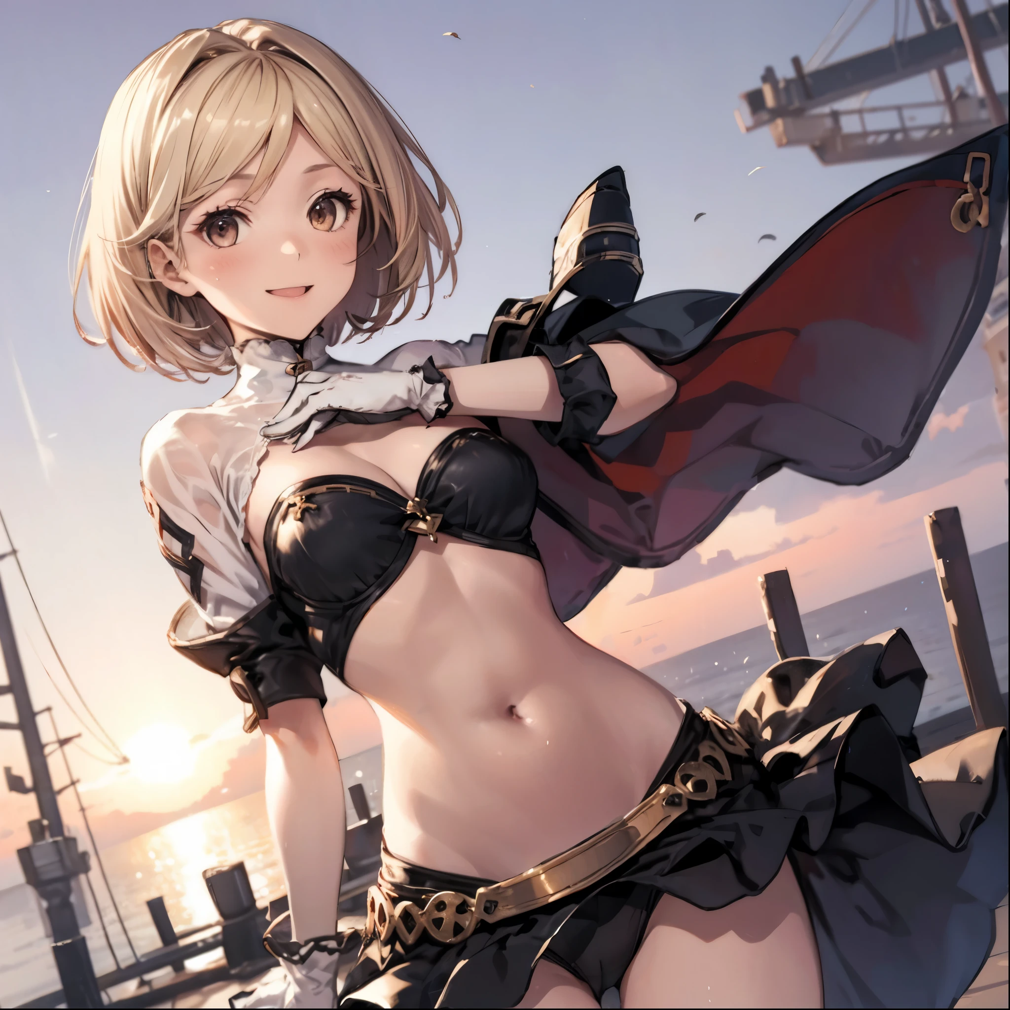 ung_teeirl,blond_hair,medium_bob_hair,white_leotard,,thigh,medium_breasts,smile,open_mouth,harbor_background,apart_legs,happy,short_gloves ,solo, covered_navel,coverd_groin,
