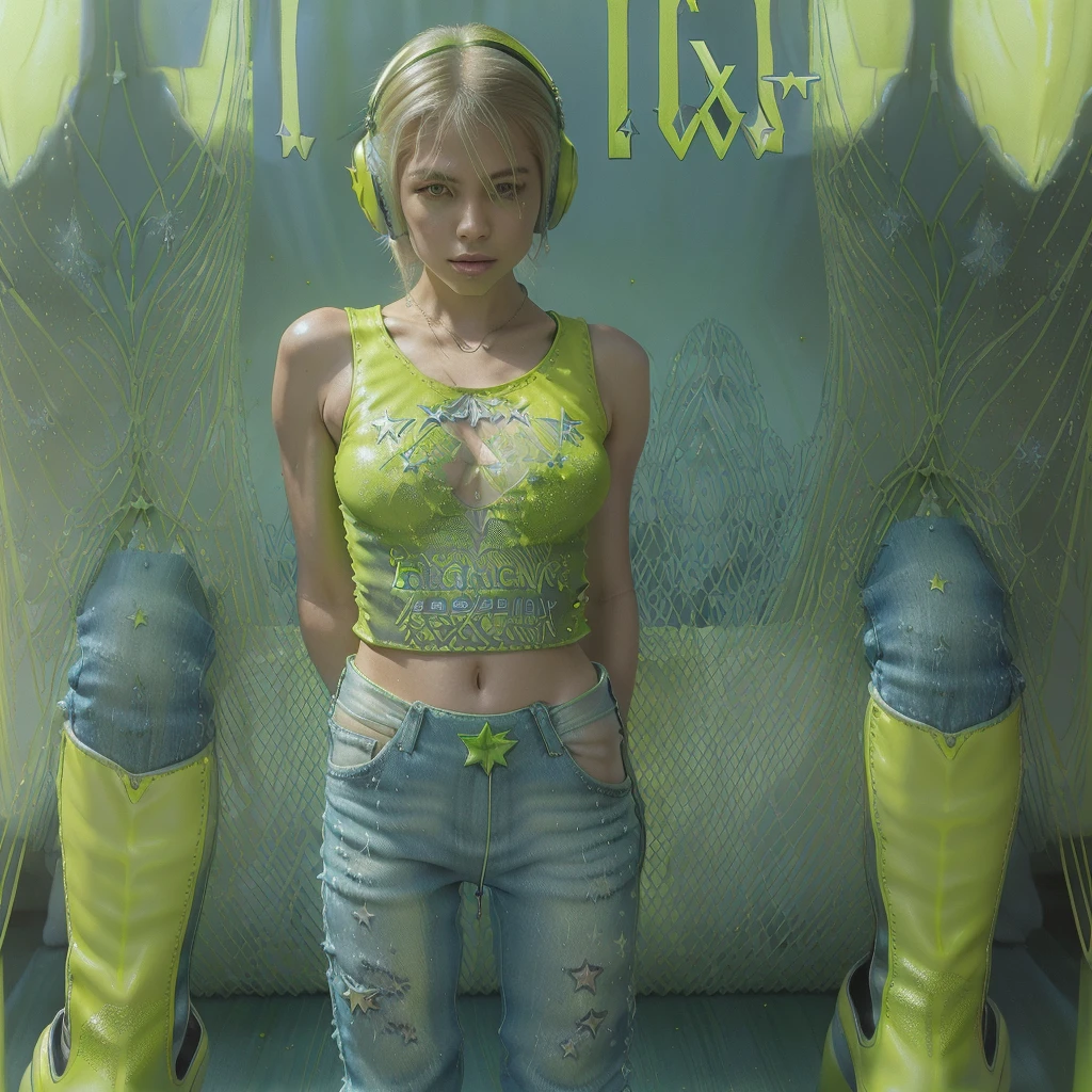 blonde russian woman holding a ((((chartreuse green bomb)))), wearing stunning gorgeous intricate (((white y2k tank top))) on it, wearing wired headphones and gorgeous crystallised ((((baggy blue jeans)))) with (((chartreuse green stars))) on them, (((green boots))), channeling the essence of (((clubbing))) and y2k in club background