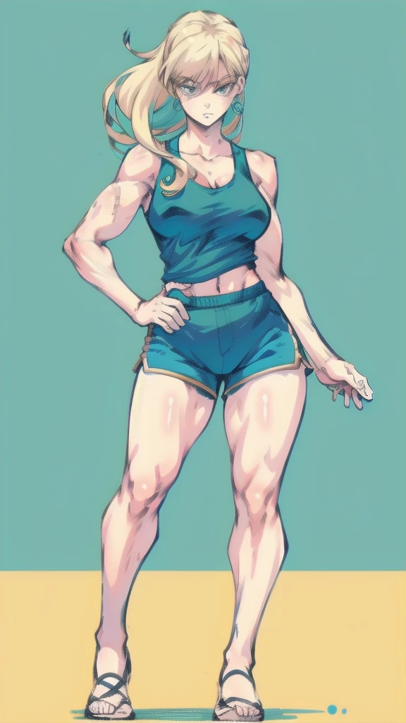 Full body image of Loud from The Loud House, full body in image, wearing her original outfit (light blue tank top, dark blue shorts), long blonde hair, female body, tall and slender body, dynamic pose, detailed pose, simple background, expressive face showing confidence, focus on face, line art, sketch