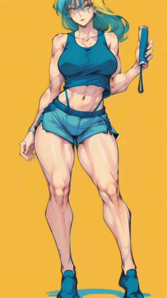 Full body image of Loud from The Loud House, full body in image, wearing her original outfit (light blue tank top, dark blue shorts), long blonde hair, female body, tall and slender body, dynamic pose, detailed pose, simple background, expressive face showing confidence, focus on face, line art, sketch