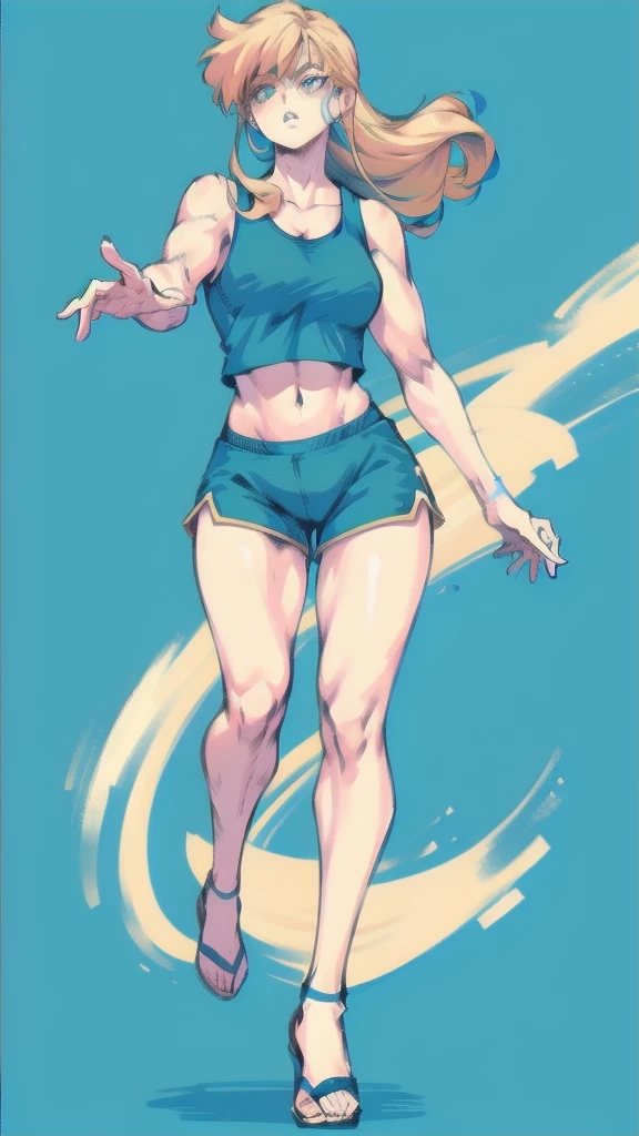 Full body image of Loud from The Loud House, full body in image, wearing her original outfit (light blue tank top, dark blue shorts), long blonde hair, female body, tall and slender body, dynamic pose, detailed pose, simple background, expressive face showing confidence, focus on face, line art, sketch