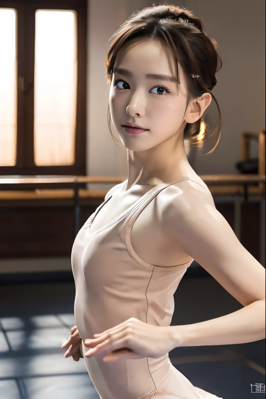 (Highest quality:1.4), (Very detailed), (Very detailed美しい顔), (Realistic Skin:1.4), (Girl practicing ballet:1.8), (The light of the setting sun shines through the window), , Great face, Symmetrical eyes, iris, Sideways Evening Updo, Japanese Girl, (Skinny body type:1.2), (Flat Chest:1.2), (Ballet practice clothes:1.2), (avert your eyes:1.3), Smooth, Very detailed CG 統合 8k 壁紙, High-resolution RAW color photos, Professional photography, Light, ホワイトLight, dream-like, impressive, Written boundary depth, Ballet Classes, (Photographed from the front:1.5)