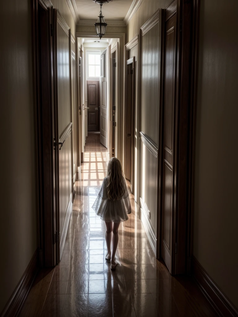 1 girl,Faceless shape appearing in haunted hallway, global illumination, Beautiful splash of vibrant paint