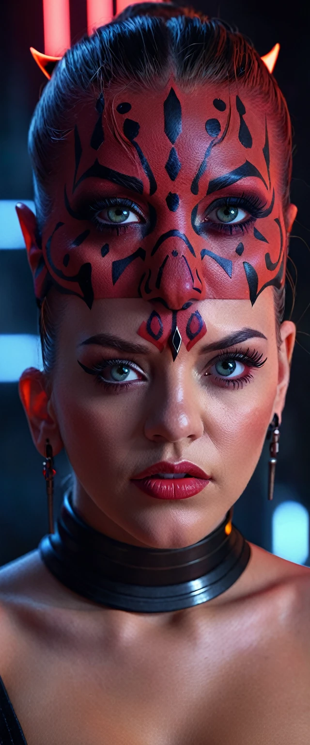 cinematic star wars, darth maul female character, beautiful detailed eyes, beautiful detailed lips, extremely detailed eyes and face, long eyelashes, topless, naked, hyper realistic, 8k, high quality, detailed, photorealistic, cinematic lighting, dramatic lighting, dark sci-fi, moody, atmospheric, vibrant colors, neon lights