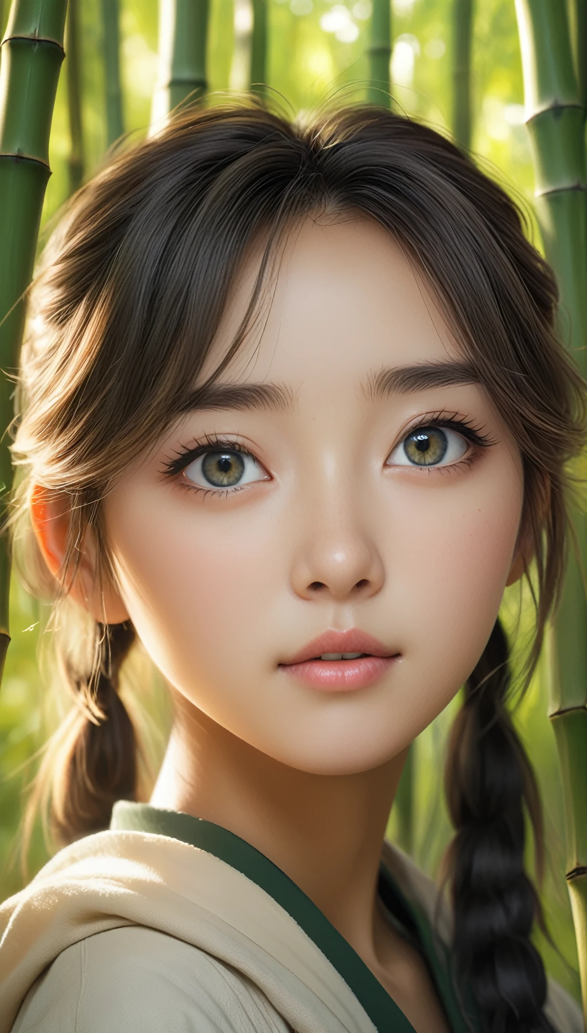 masterpiece, best quality, soft lighting, absurdres, 1girl, solo focus, skin imperfection, skindentation, perfect face, puffy face, beautiful face, big eyes, puffy eyes, perfect eyes, eyelashes, Hu Tao (genshin impact) from genshin impact, outdoor, bamboo forest, 8k, UHD, HDR, (Masterpiece:1. 5), (best quality:1. 5)