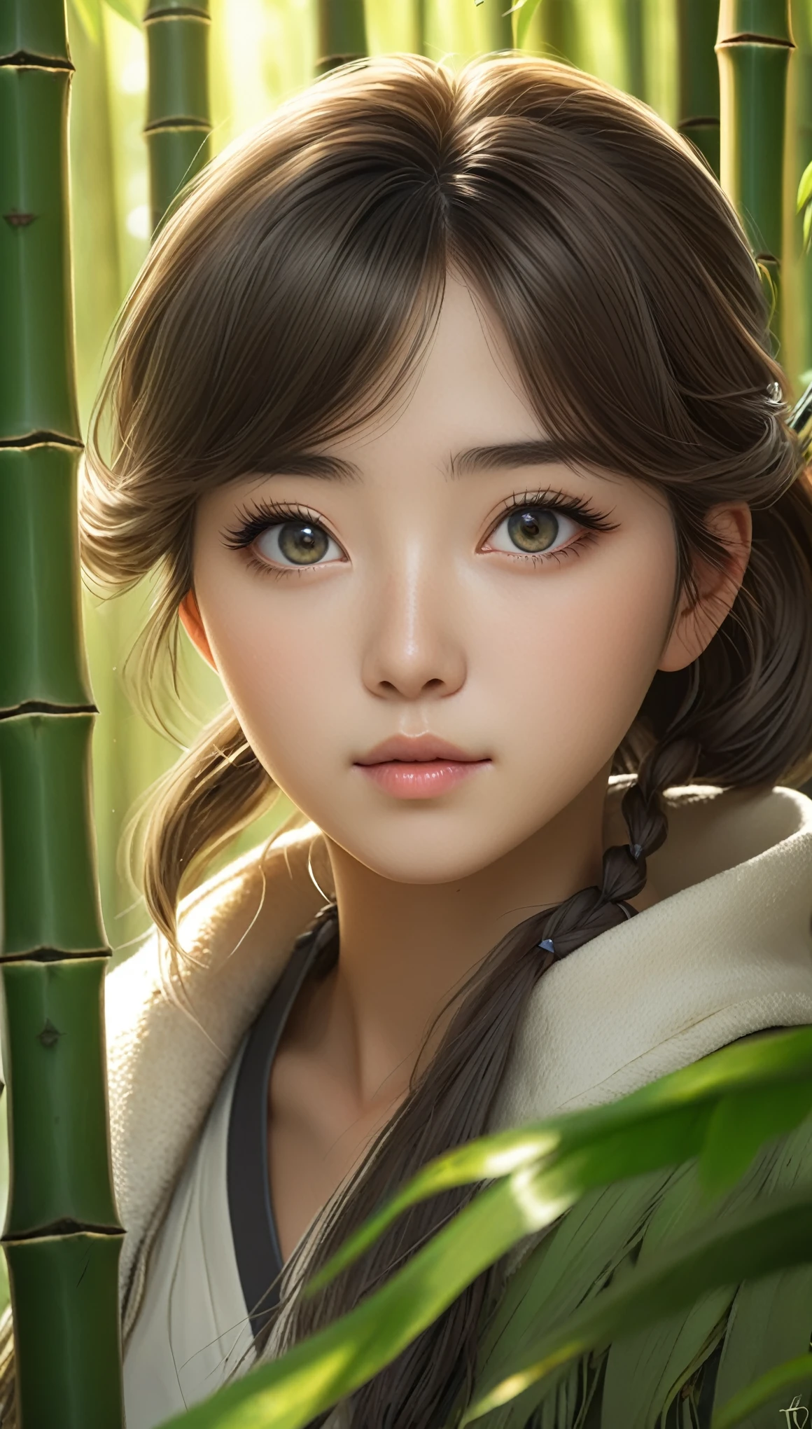 masterpiece, best quality, soft lighting, absurdres, 1girl, solo focus, skin imperfection, skindentation, perfect face, puffy face, beautiful face, big eyes, puffy eyes, perfect eyes, eyelashes, Hu Tao (genshin impact) from genshin impact, outdoor, bamboo forest, 8k, UHD, HDR, (Masterpiece:1. 5), (best quality:1. 5)