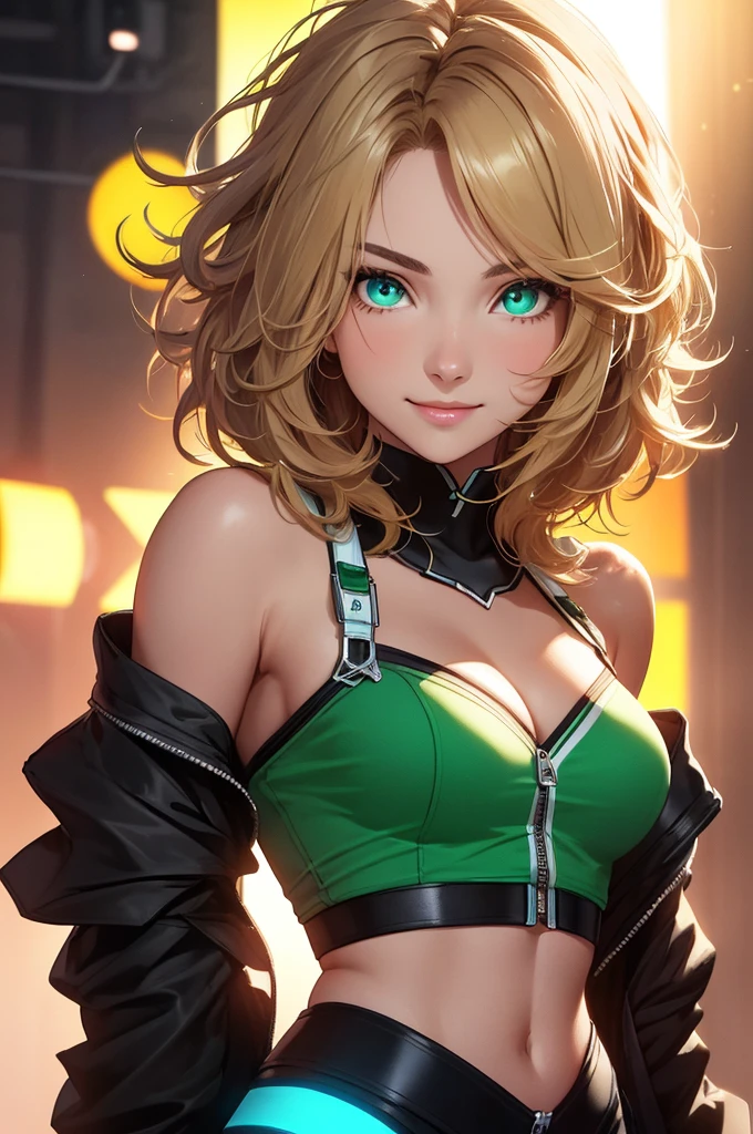 baby face, (short fluorescence hair:1.5,messy hair:1.5), (photorealistic:1.8), (masterpiece, sidelights, exquisite beautiful eyes: 1.5), masterpiece*portrait, realistic, 3D face,(cute face),front view: 1.6、 (glowing green eyes:1.2),plump face:1.5,(tareme:1.5)、(seductive smile:1.2),Rosy Mouth,Slim Body,abs, shiny hair, shiny skin: 1.5、medium breasts,cleavage、solo,,(stand)、(Punk Rock clothes)、(charactor focus:1.5、portlate、upper body),stage,