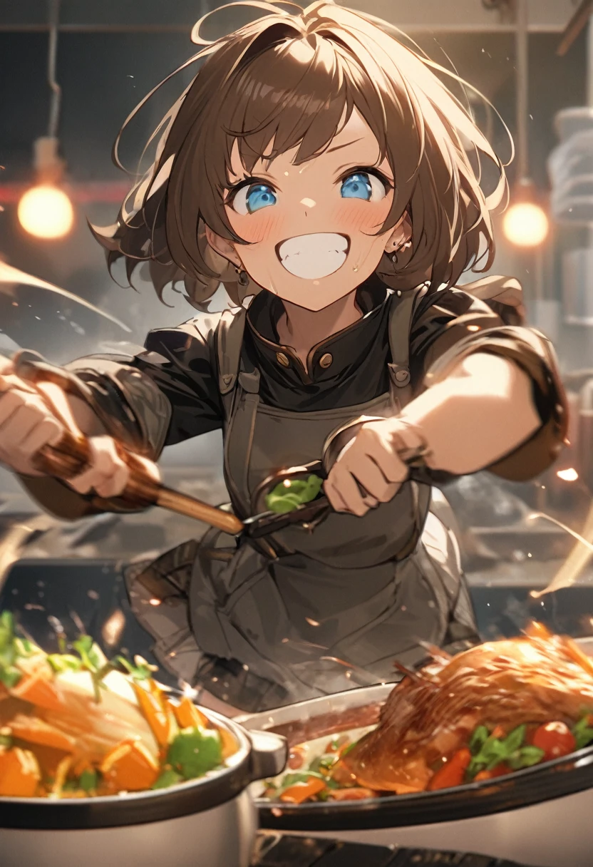 Brat, ((masterpiece)), High resolution, 10 years old、girl、 Brown Hair、Short Bob、((smile、Grin))、Excited、Sweating all over the body、Bright Blue Eyes、smile、((Grin))、Earrings、(((刀を構えてcook、Dynamic pose)))、Sparks fly、Disturbed、Strong light、Strong winds、highlight、Motion Blur、Simple armor(mini skirt、wind lift:1.0)、Shallow depth of field、cook、Fantastic、tense、Powerful cooking、Fresh ingredients、Cook the perfect dish