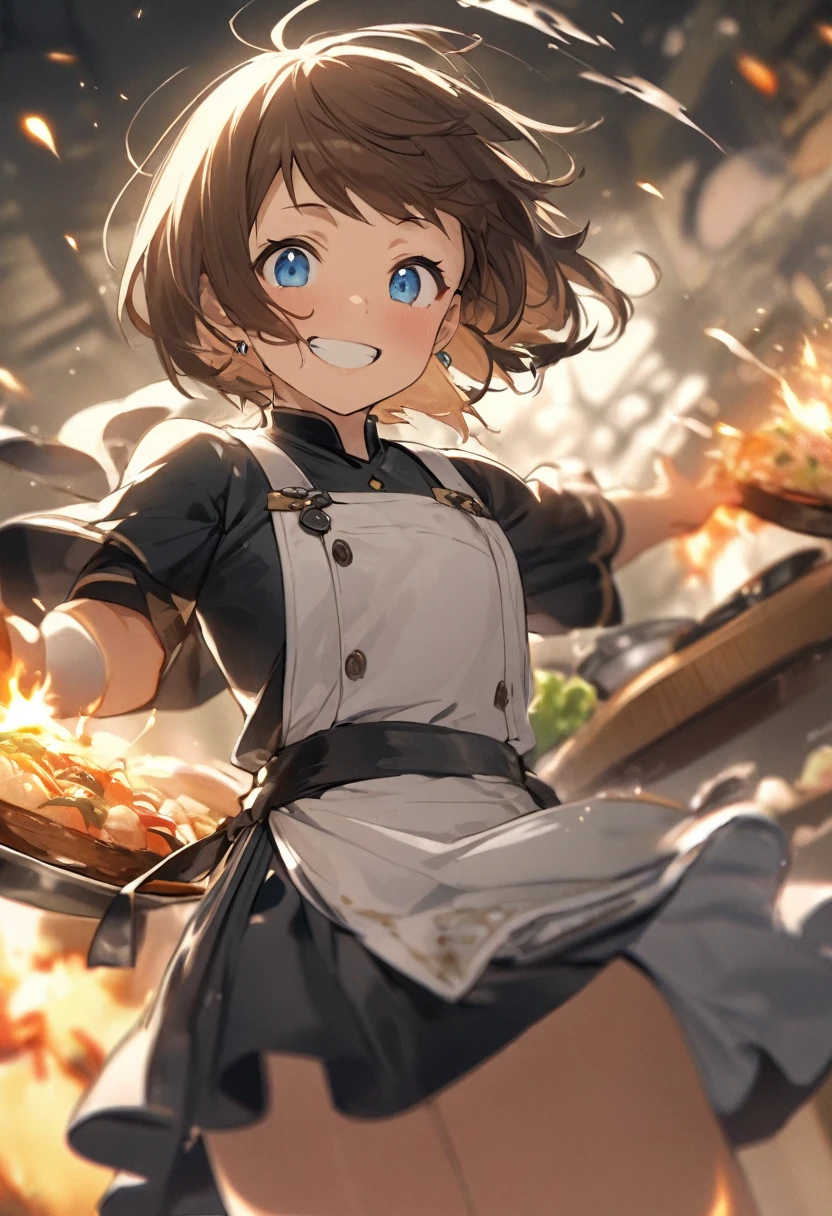Brat, ((masterpiece)), High resolution, 10 years old、girl、 Brown Hair、Short Bob、((smile、Grin))、Excited、Sweating all over the body、Bright Blue Eyes、smile、((Grin))、Earrings、(((刀を構えてcook、Dynamic pose)))、Sparks fly、Disturbed、Strong light、Strong winds、highlight、Motion Blur、Simple armor(mini skirt、wind lift:1.0)、Shallow depth of field、cook、Fantastic、tense、Powerful cooking、Fresh ingredients、Cook the perfect dish