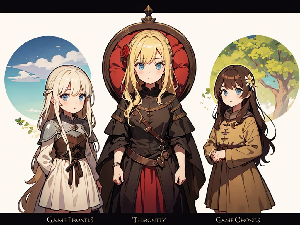 game of thrones by wizelry1 and the_greek, multiple girls, long hair, 3girls, blonde hair, brown hair, dress, flower