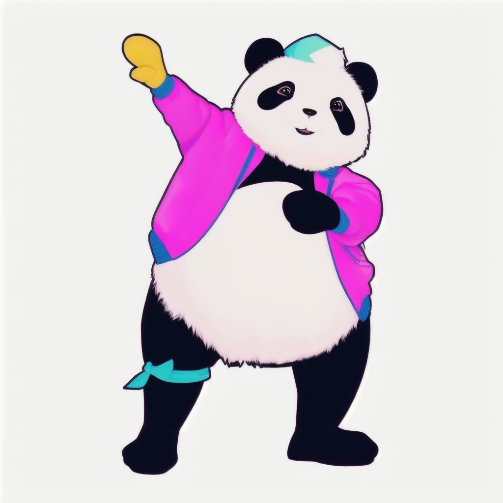 panda bear in a pink jacket and black pants with a pink jacket, panda panda panda, panda, Inspired by Zhu Da, cute panda, a cute giant panda, dancing character, He's dancing, kung fu panda, inspired by Luo Ping, No gradient, Wooden plates, pan ren wei, pat, Black person
