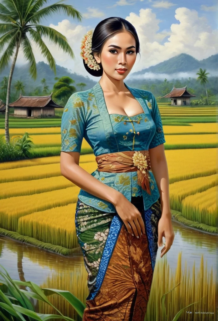 beautiful busty javanese peasant woman donning a brocade kebaya dress and batik long skirt, simple bun hairdo with small beautiful flowers in her hair, insanely detailed and intricate rice field background, oil on canvas painting, realistic style, heavily influenced by Don Lawrence photorealistic brush stroke style, large breast, no bra, nipples standing out