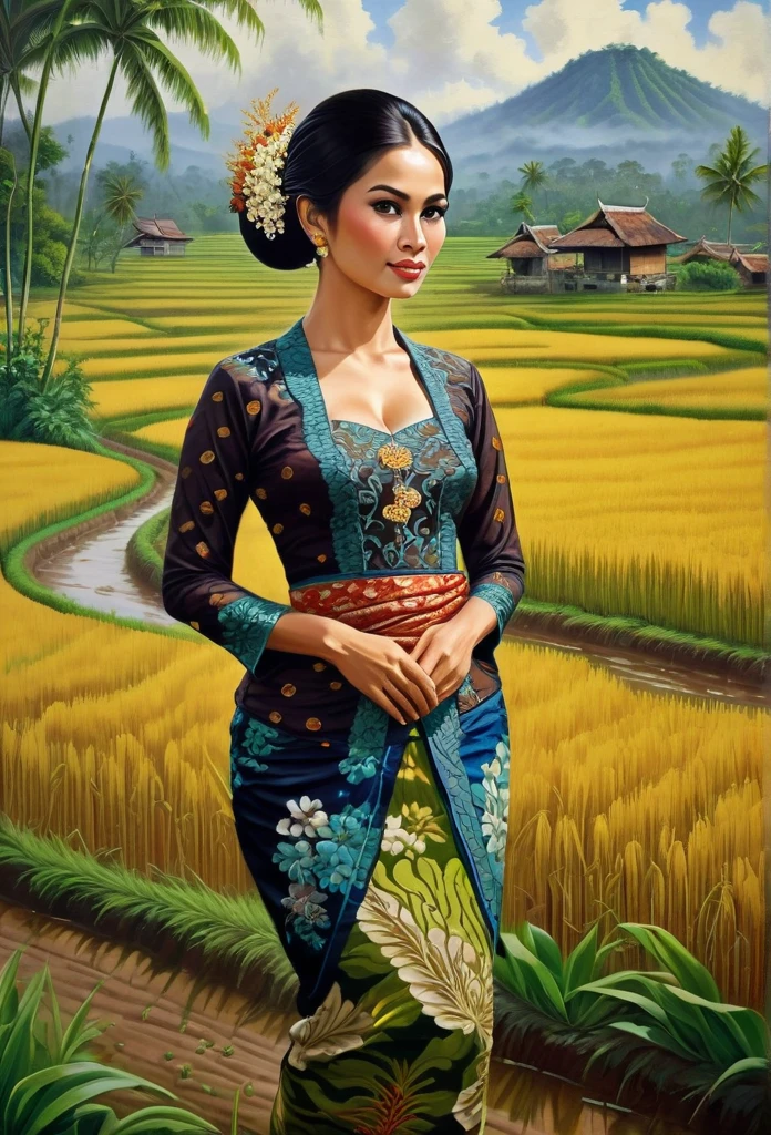 beautiful busty javanese peasant woman donning a brocade kebaya dress and batik long skirt, simple bun hairdo with small beautiful flowers in her hair, insanely detailed and intricate rice field background, oil on canvas painting, realistic style, heavily influenced by Don Lawrence photorealistic brush stroke style, large breast, no bra, nipples standing out