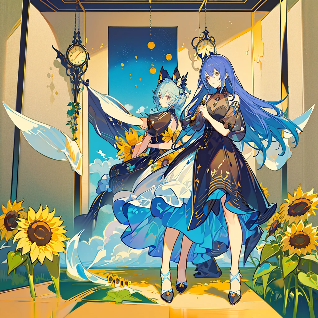 kawaii, anime, Cute, hyper quality, highly detailed, 16k, Front facing, Clarity, full body, one girl, stain the whole thing with colorful ink, long silver hair, lapis lazuli eyes, paint color, countless sunflowers, surrounded by sunflowers, Trapped inside a Van Gogh painting, ephemeral, paint, paint, brush, live inside the canvas, art supplies, oil, wonder, mysterious, rainbow colored sunflowers, Richly colored, Brightly colored sunflowers, highlight on eyes, long hair, splattered ink, scribble, countless handwritings, color palette, the bell rings, long hair flowing, Draw eyes clearly, art, taken in by sunflowers,