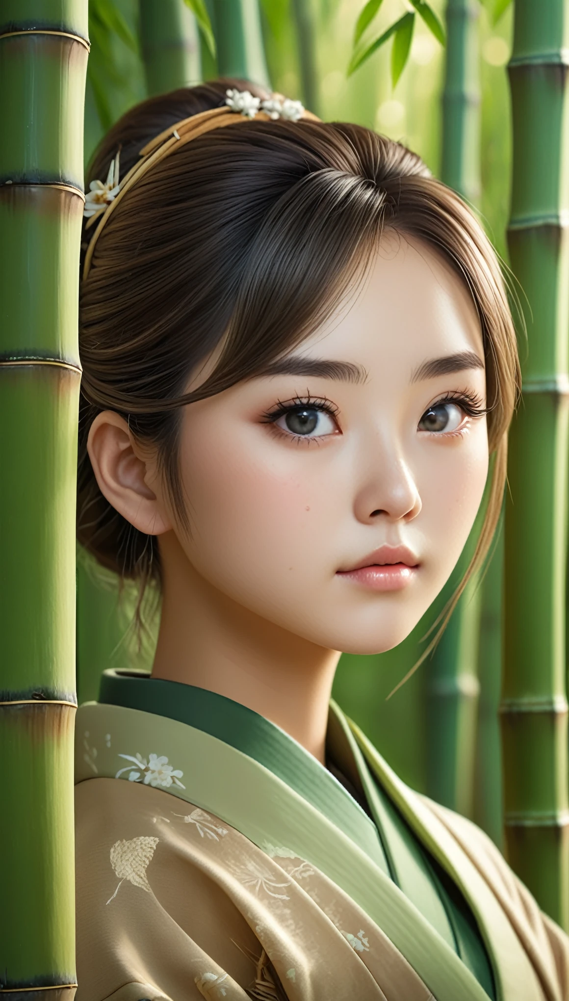 masterpiece, best quality, soft lighting, absurdres, 1girl, solo focus, skin imperfection, skindentation, perfect face, puffy face, beautiful face, big eyes, puffy eyes, perfect eyes, eyelashes, 
Hu Tao (genshin impact) from genshin impact, outdoor, bamboo forest, 8k, UHD, HDR, (Masterpiece:1. 5), (best quality:1. 5)
traditional japanese clothing.