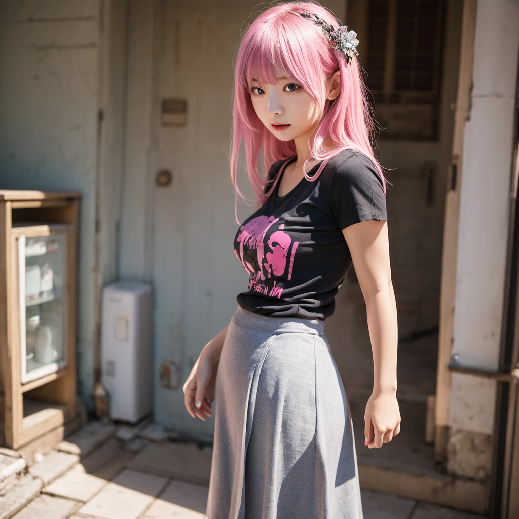 One girl, History of Goto, Botch the Rock!,
Long Hair, blue eyes, Pink Hair, Cube-shaped hair ornament, Large Breasts, Black T-shirt, Grey Skirt, Put your arms behind your back,tits,Nipples,naked