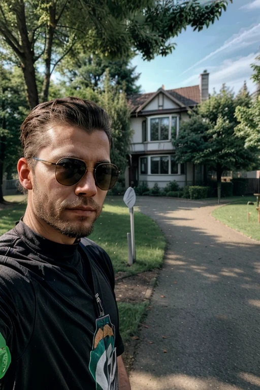 A man wearing sunglasses takes a selfie in a residential area, a picture by Robert Zünd, Reddit, event, 8k selfie photo, andreas m wiese, Twitch streamer / gamer ludwig, trees in the background, with a tree in the background, in front of the house, with a park in the background, on a bright day, michal