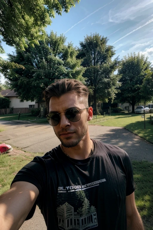 A man wearing sunglasses takes a selfie in a residential area, a picture by Robert Zünd, Reddit, event, 8k selfie photo, andreas m wiese, Twitch streamer / gamer ludwig, trees in the background, with a tree in the background, in front of the house, with a park in the background, on a bright day, michal