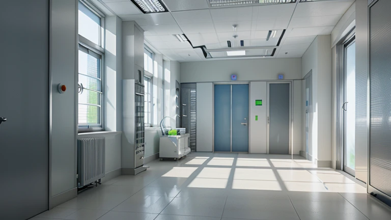 a highly detailed and photorealistic 3d render of a testing laboratory hallway, with clean and sterile laboratory flooring, laboratory equipment, ray traced lighting, excellent shading and textures, natural lighting from windows