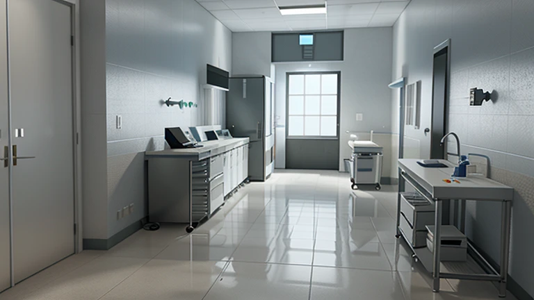 a highly detailed and photorealistic 3d render of a testing laboratory hallway, with clean and sterile laboratory flooring, laboratory equipment, ray traced lighting, excellent shading and textures, natural lighting from windows