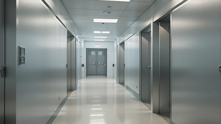 a highly detailed and photorealistic 3d render of a testing laboratory hallway, with clean and sterile laboratory flooring, laboratory equipment, ray traced lighting, excellent shading and textures, natural lighting from windows