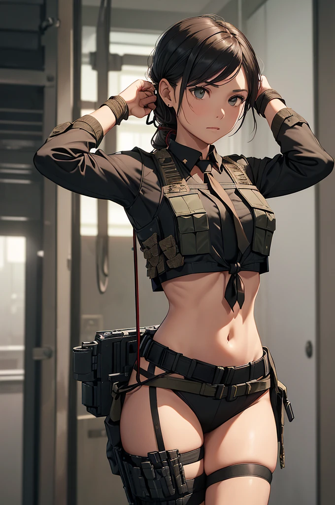Woman in black holding a rifle and wearing headphones, 24 year old woman, filipino women, bronze tan skin, young soldier, mechanized young soldier, Military Girl, beautiful female soldier, Female lead character, Military Girlราบ, Girl's sniper at war, solo female character, Future combat equipment, Half-body close-up, ((((Woman wearing military bulletproof crop top, Show navel)))), เงียบจาก Metal Gear Solid V, Wear tactical equipment, Wear tactical armor., ((raise your arms, restraint, Tie rope:1.5)),