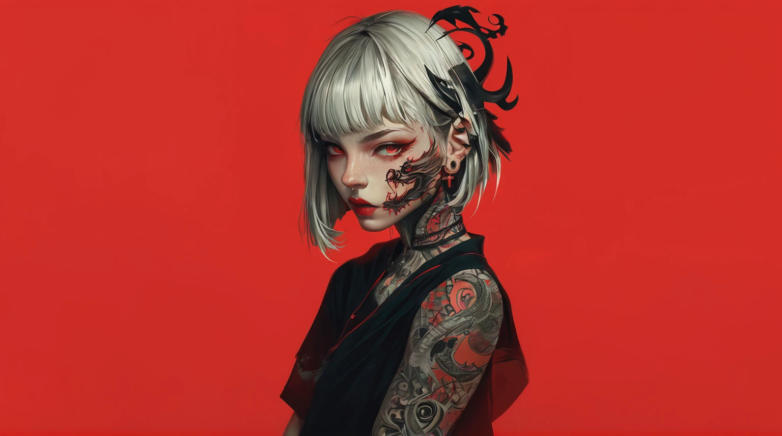 Stylized portrait of a woman with demonic appearance against a vibrant red background. She has long, straight black hair, straight bangs, and curved horns protruding from her head. Her eyes are red and her skin is pale. She wears a black outfit that exposes her shoulders. There's an inverted cross earring on her pointed ear. Her expression is serious and seductive, with full, parted lips. The artistic style is a blend of anime and realistic digital art, with contrasting black and red colors dominating the composition.