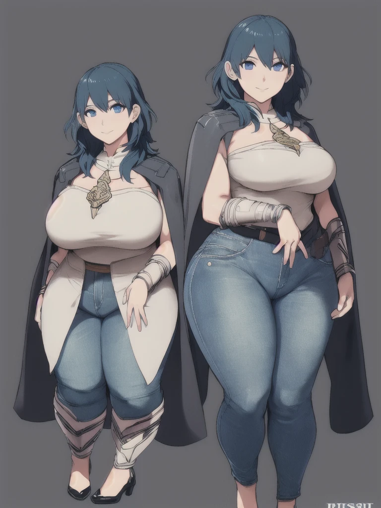 ((Full body)), (low head 1.5), A little sloppy body type and small breasts, masterpiece, tight denim pants, chubby but small breasts, very thick legs++, Full body+, Solo, Swollen face, Moderately fat body type+, 1 woman, wide shoulder, white tutleneck,  light blue Denim pants, thick thighs, low rise light blue denim pants, solo, simple background, masterpiece, best quality, unreal engine, ultra res, extremely detailed,
1girl,
byleth,
gauntlet, cape, floral print,
watching at viewer,
Bitter smile
hews style CSR STYLE
ROUND BREASTS, SMALL BREASTS
