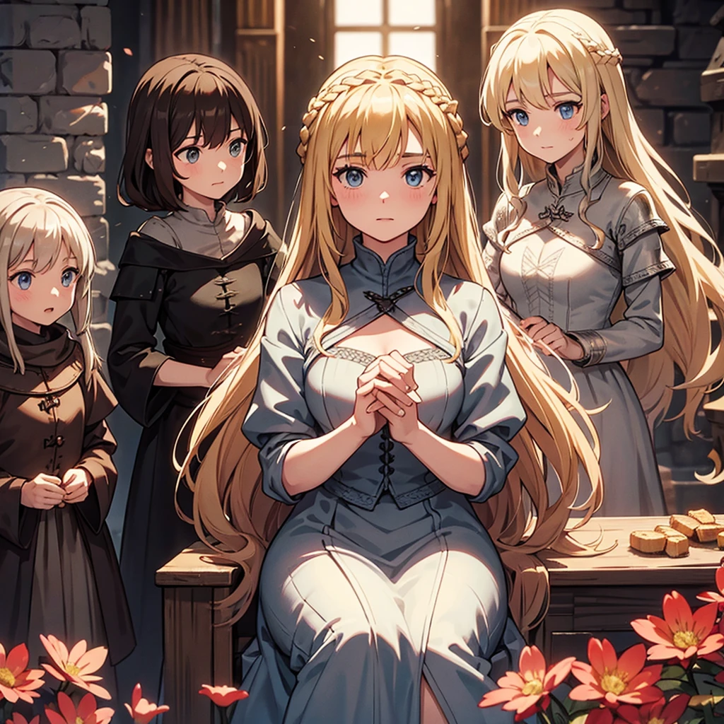 game of thrones by wizelry1 and the_greek, multiple girls, long hair, 3girls, blonde hair, brown hair, dress, flower
