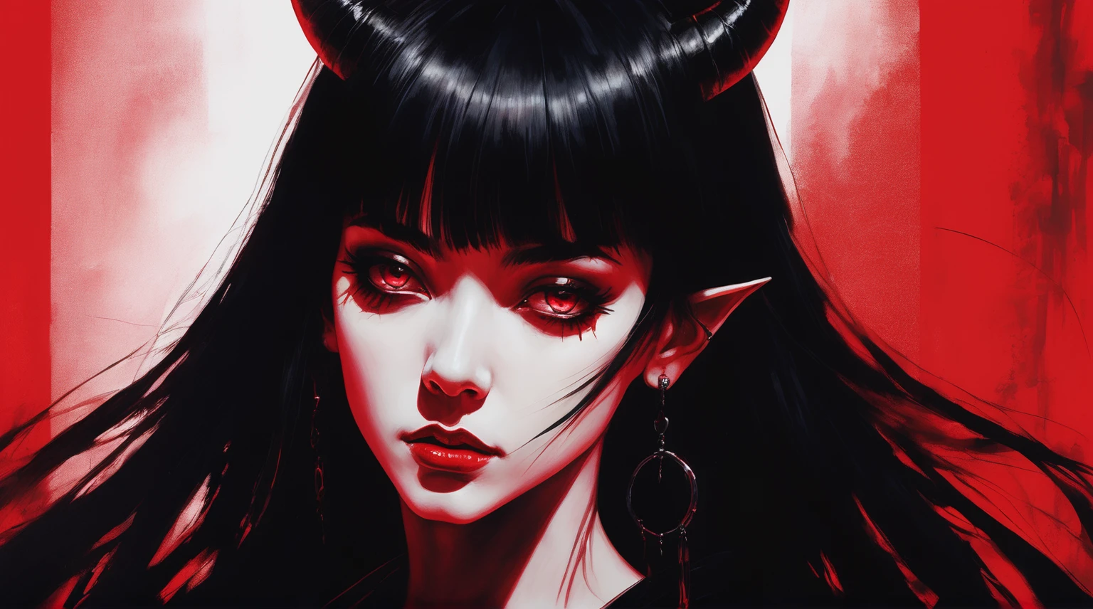 Stylized portrait of a woman with demonic appearance against a vibrant red background. She has long, straight black hair, straight bangs, and curved horns protruding from her head. Her eyes are red and her skin is pale. She wears a black outfit that exposes her shoulders. There's an inverted cross earring on her pointed ear. Her expression is serious and seductive, with full, parted lips. The artistic style is a blend of anime and realistic digital art, with contrasting black and red colors dominating the composition.