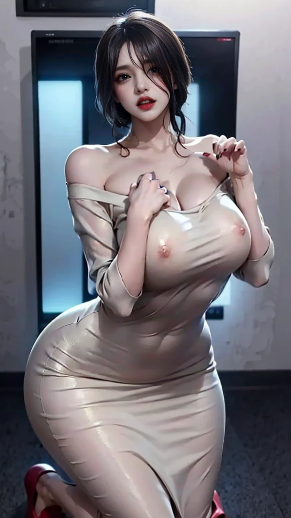 ((masterpiece)), (best quality), (absurdres), black and shine hairs, yamamura_sadako and a boy, (see through white dress, off shoulder), (grey skin), hair over eyes, eyes covered, looking at viewer, paw pose, red nails, bend over, big screen tv, darkness background , red lips, open lips, tooth fang, Halloween party , kneeling , areola, hard nipples