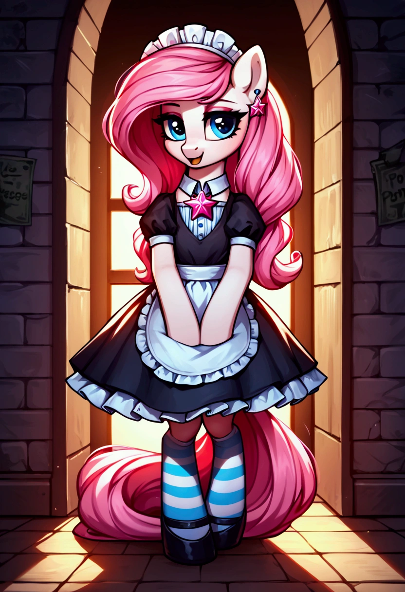 score_9,score_8_up,score_7_up,score_6_up, ((my little pony)), radiant lighting, vibrant colors, whimsical atmosphere, 8K, high resolution, highly detailed, masterpiece, ((brightness white body)), blue eyes, (maid costume), striped stockings, star pendant, earrings, eyeshadow, (very long pink hair:1.3), (((prostitute showing legs:1.4)))