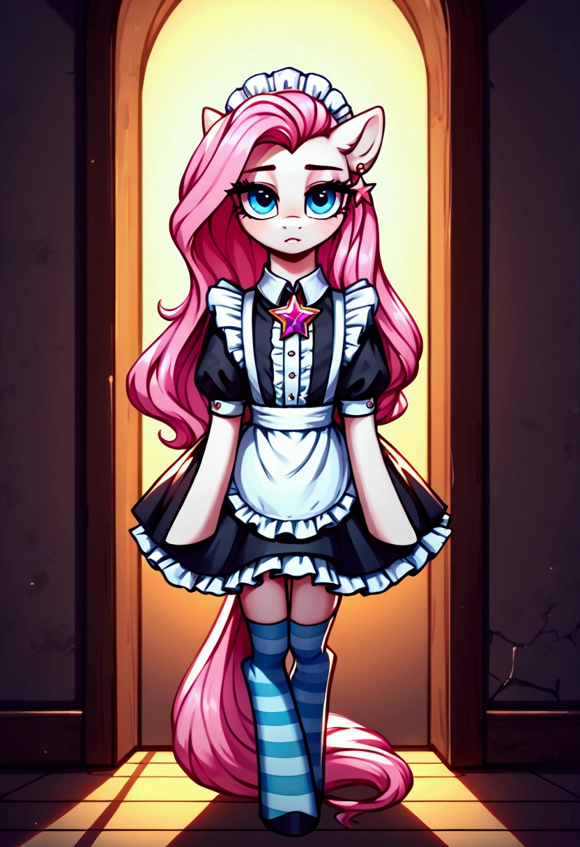 score_9,score_8_up,score_7_up,score_6_up, ((my little pony)), radiant lighting, vibrant colors, whimsical atmosphere, 8K, high resolution, highly detailed, masterpiece, ((brightness white body)), blue eyes, (maid costume), striped stockings, star pendant, earrings, eyeshadow, (very long pink hair:1.3), (((prostitute showing legs:1.4)))