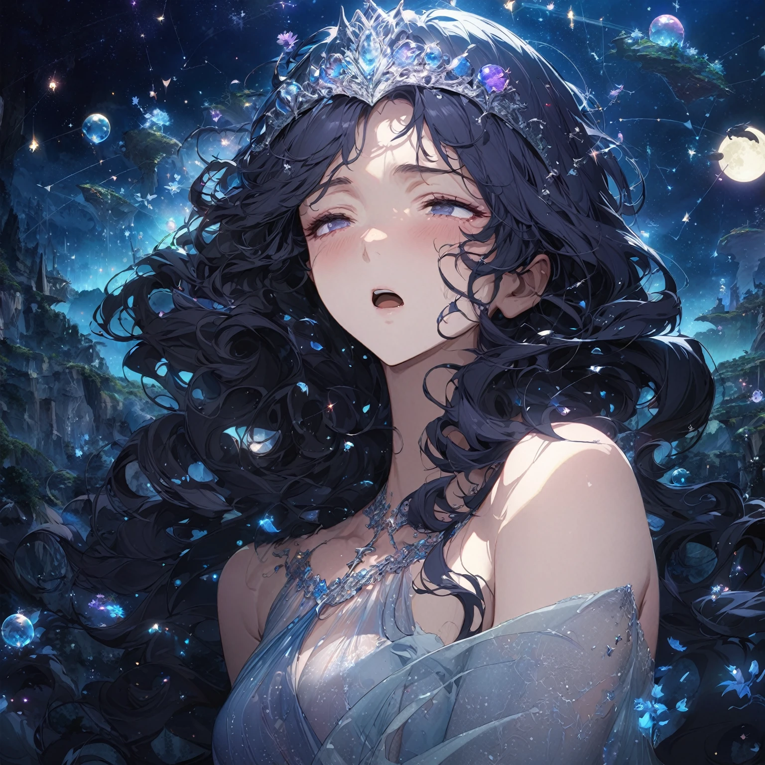 Woman, ethereal, otherworldly presence, sleepy, tired expression, half-closed, droopy eyes, slightly open mouth, silver, wavy hair, flowing gown, (nude:0.8), gossamer-like fabric, midnight blue, silver, lavender, constellation patterns, crescent moons, silver tiara, crescent-shaped charms, glowing gemstones, delicate silver bracelets, surreal, dreamlike landscape, large luminous moon, wisps of mist, floating islands, mythical creatures, glowing flora, small glowing orbs, faint silver threads, soft silvery light, dream manipulation, detailed gorgeous face| anime style| key visual| intricate detail| highly detailed| breathtaking| vibrant| panoramic| cinematic| Carne Griffiths| Conrad Roset| gibbli 8k