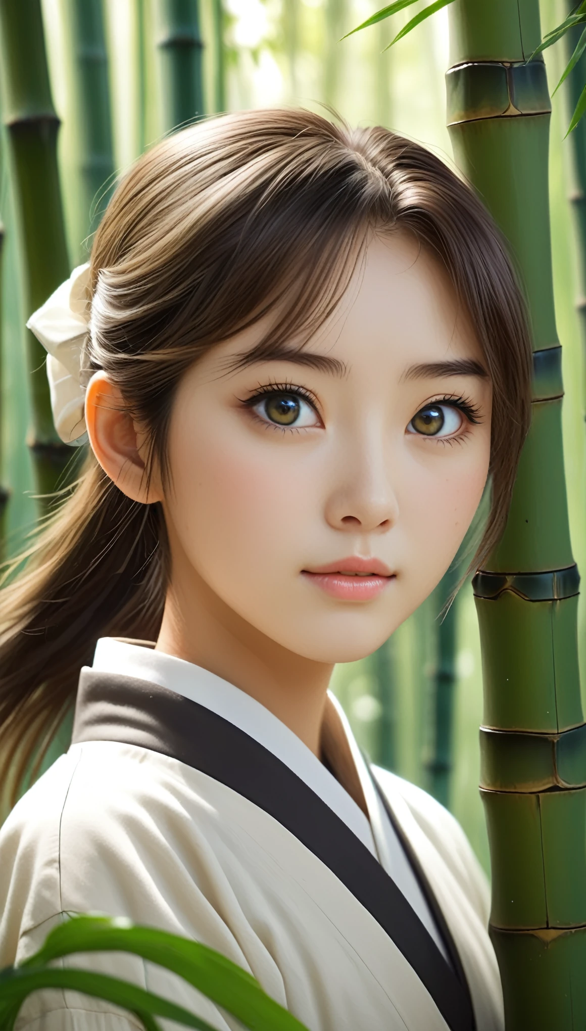 masterpiece, best quality, soft lighting, absurdres, 1girl, solo focus, skin imperfection, skindentation, perfect face, puffy face, beautiful face, big eyes, puffy eyes, perfect eyes, eyelashes, 
Hu Tao (genshin impact) from genshin impact, outdoor, bamboo forest, 8k, UHD, HDR, (Masterpiece:1. 5), (best quality:1. 5)
traditional japanese clothing.