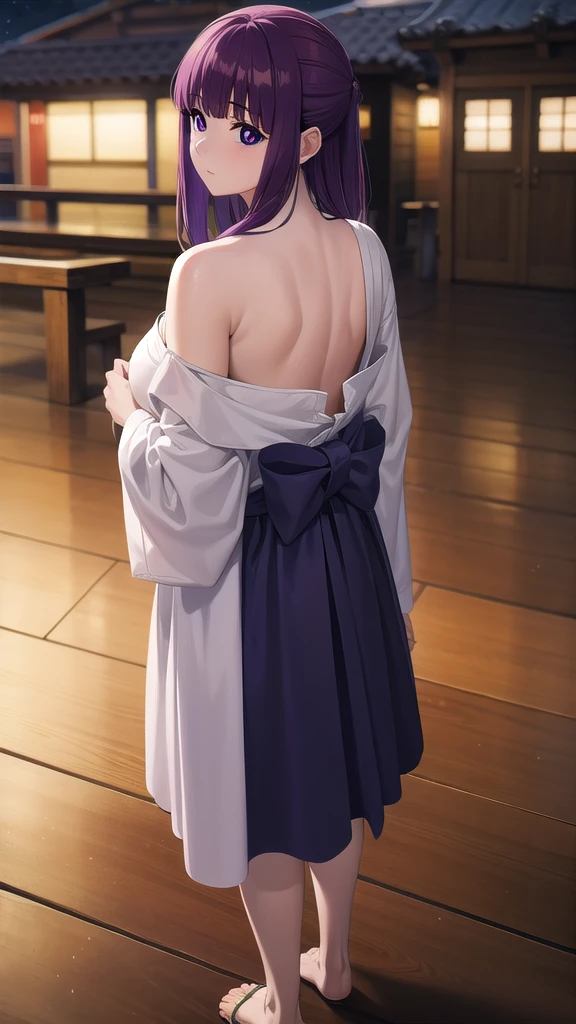 BREAK looking at viewer, BREAK (masterpiece:1.2), best quality, high resolution, unity 8k wallpaper, (illustration:0.8), (beautiful detailed eyes:1.6), extremely detailed face, perfect lighting, extremely detailed CG, (perfect hands, perfect anatomy)fern, long hair, bangs, (purple eyes:1.1), purple hair, sidelocks, blunt bangs, (bright pupils:1.5),onsen,hot springs, night, half updo,
long sleeves,Japanese clothes,yukata, sash, cleavege,neckline,full body,stockings,from behind,upskirt,bend over.