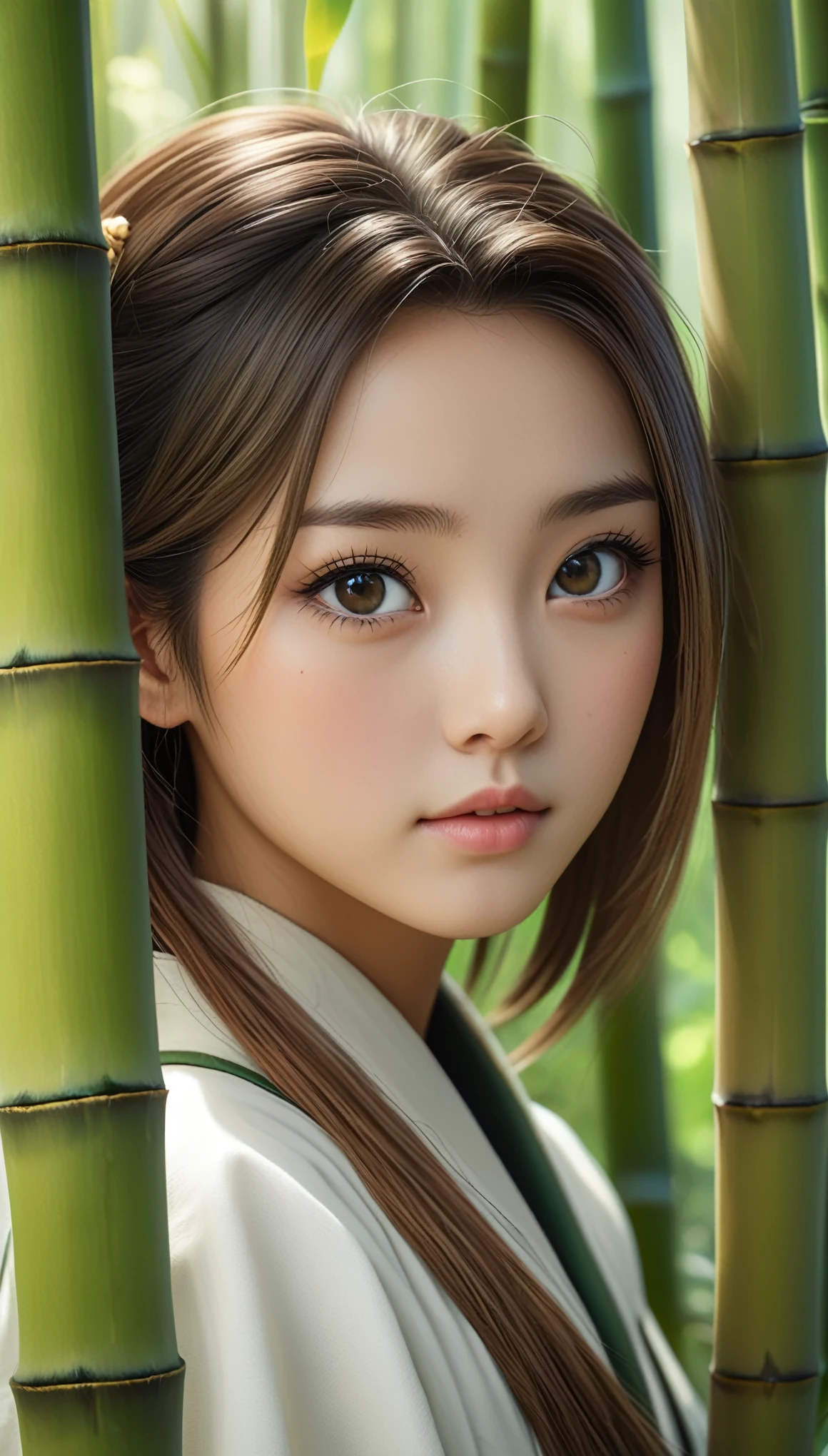 masterpiece, best quality, soft lighting, absurdres, 1girl, solo focus, skin imperfection, skindentation, perfect face, puffy face, beautiful face, big eyes, puffy eyes, perfect eyes, eyelashes, 
Hu Tao (genshin impact) from genshin impact, outdoor, bamboo forest, 8k, UHD, HDR, (Masterpiece:1. 5), (best quality:1. 5)
traditional japanese clothing.