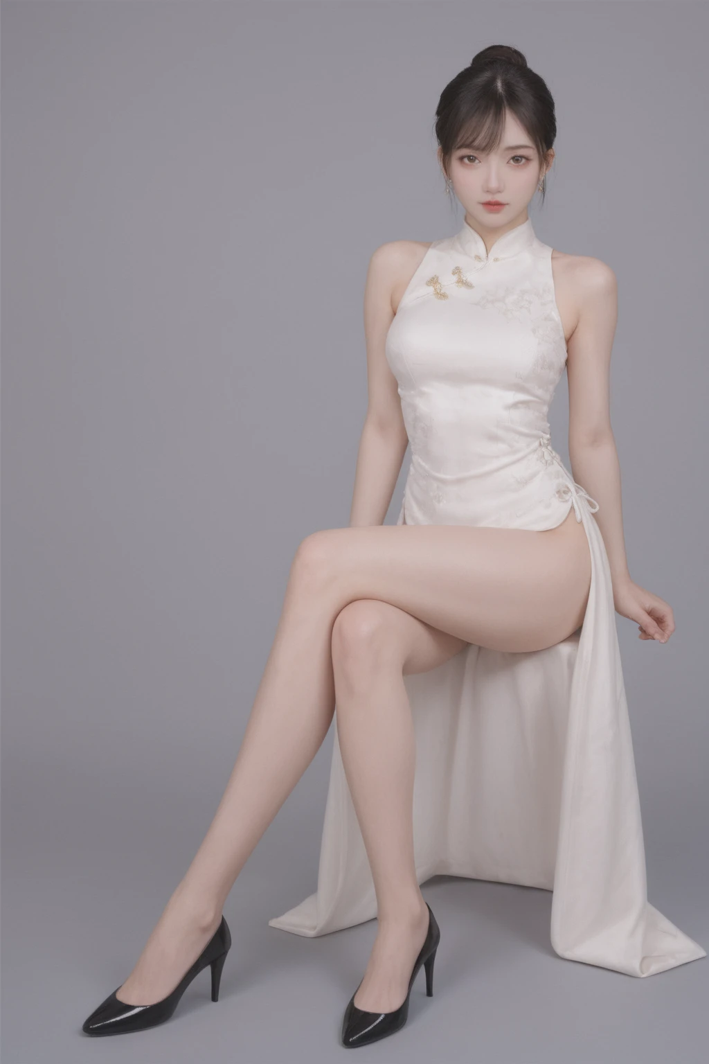 realistic,score_9, score_8_up, score_7_up, japanese adult woman,full body photography, elegant white sleeveless cheongsam dress, sitting, crossed legs, high heels